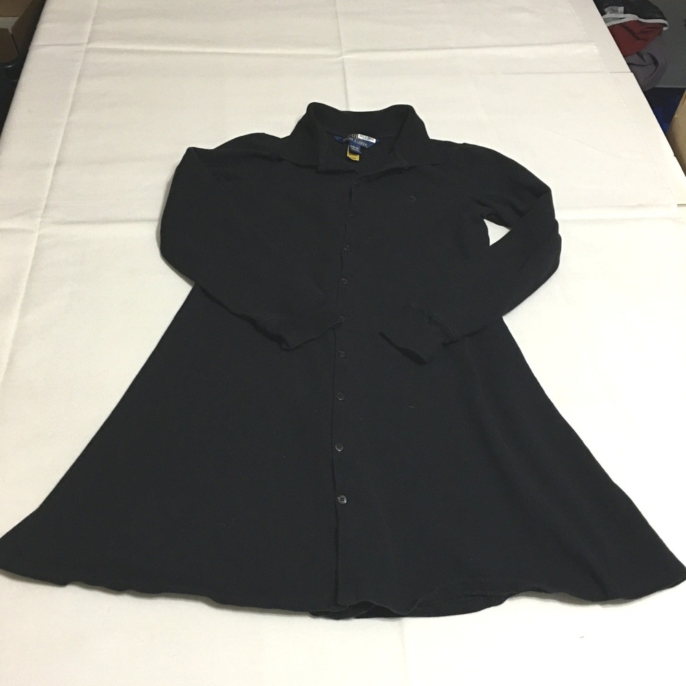 Polo Ralph Lauren Girls Button Front Polo Dress Medium Black Long Sleeve A-Line